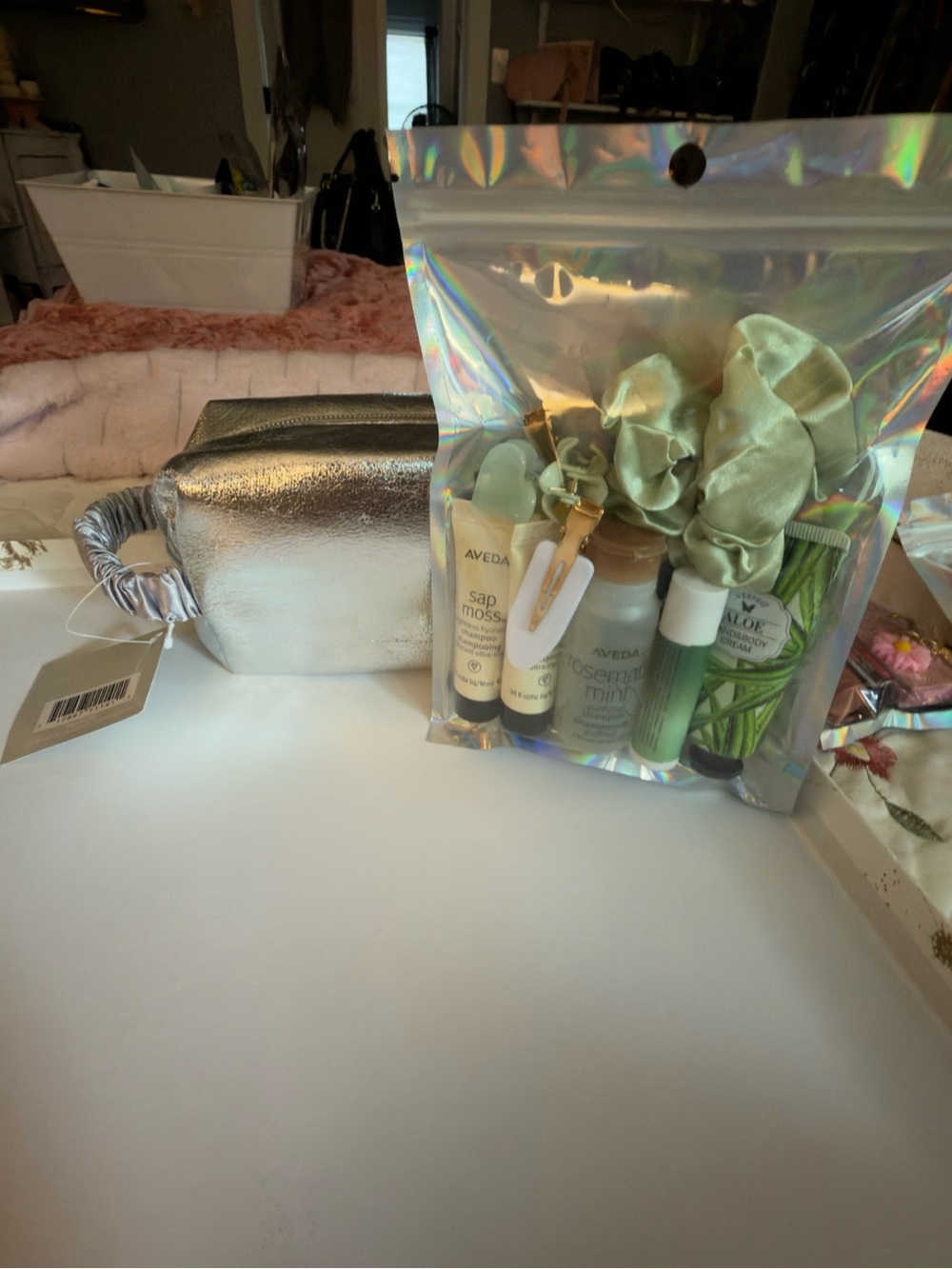 Holographic Travel Pouch with Green Skincare & Accessories